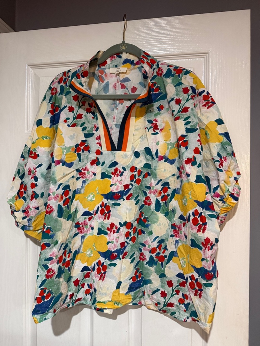 Entro Floral Popover Top in Yellow, Red, Teal, Navy